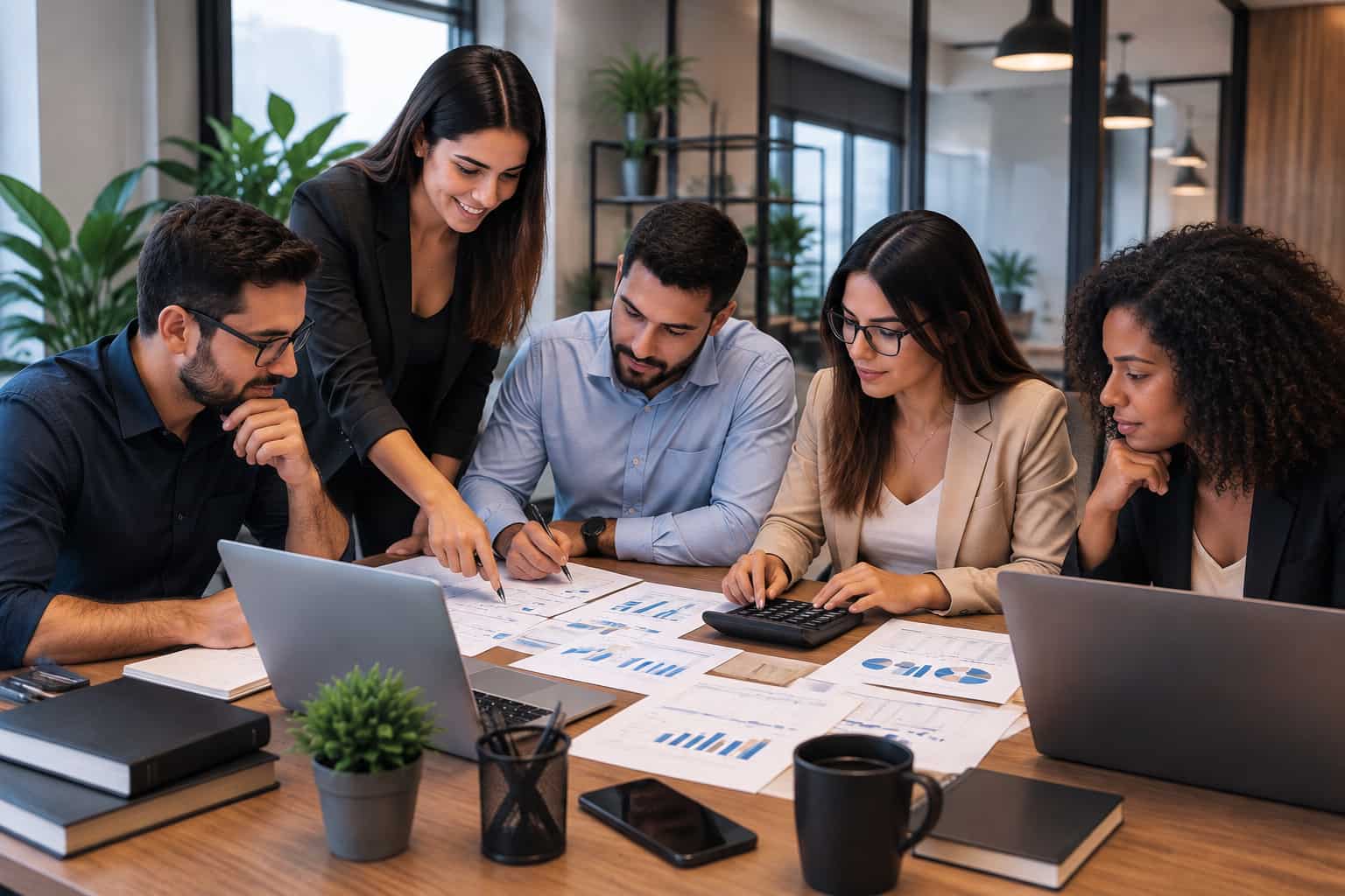 Equipe de profissionais analisando dados e gráficos